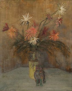 Edward Barnard Lintott (American, 1875-1951)      Floral Still Life with Dog