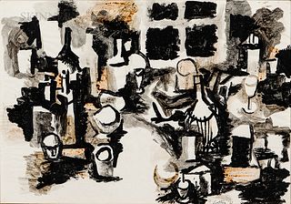Renato Guttuso (Italian, 1911-1987)      Bottles and Glasses