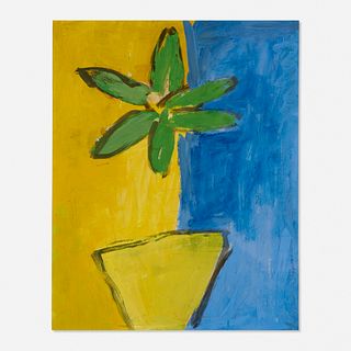 James Lechay, Flower in Vase in Yellow and Green with Blue and Yellow Background