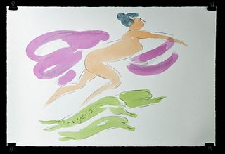 R. Nakian Watercolor on Litho, Nude w/ Dolphins, 1980s