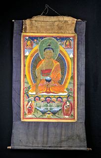 20th C. Tibetan Painted Thangka w/ Shakyamuni Buddha