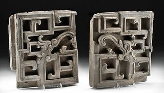 Pair Chinese Ming Dynasty Pottery Tiles - Dragon Motifs