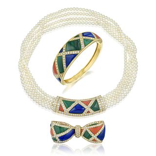 Van Cleef & Arpels Diamond and Multi-Colored Inlay Gemstone Set