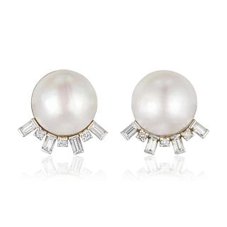Mabe Cultured Pearl and Diamond Earrings