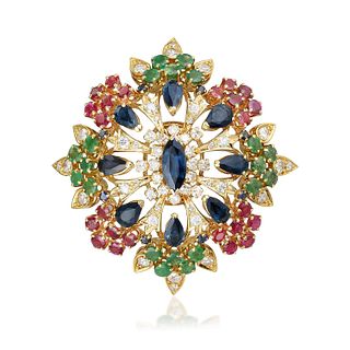 Multi-Colored Gemstone and Diamond Brooch