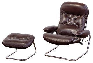 MCM Leather and Chrome Chair and Ottoman