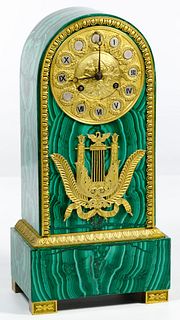 Empire Style Gilt Bronze and Malachite Mantel Clock