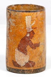 Pre-Columbian Mayan Polychrome Cylinder Vessel