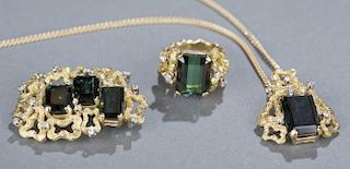 Tourmaline, diamond and 18kt gold ring and pendant