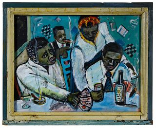 Wayne Manns (American, 20th Century) 'Cheatin' M... at the Card Table' Acrylic and Found Objects on Panel