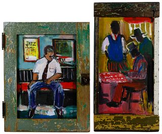 Wayne Manns (American, 20th Century) 'The Checker Game' Acrylic and Found Objects on Panel