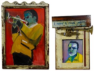 Wayne Manns (American, 20th Century) 'The Man with the Horn' Acrylic and Found Objects on Panel