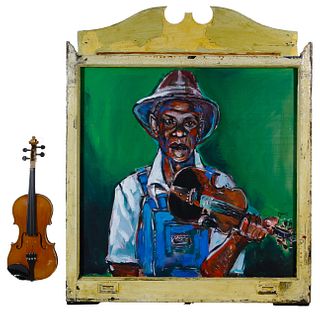 Wayne Manns (American, 20th Century) 'Violin Player' Acrylic and Found Objects on Panel