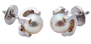Cartier 18k White Gold and Pearl Pierced Earrings