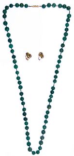 18k Yellow Gold Clip-on Earrings and Jadeite Jade Necklace