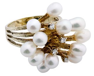 14k Gold, Pearl and Diamond Ring