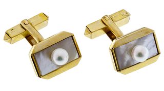 Mikimoto 14k Yellow Gold, Mother of Pearl and Cultured Pearl Cuff Links