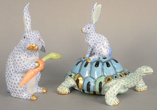 Two large Herend porcelain figures to include turtle with rabbit Kingdom classic 2004 along with rabbit holding a carrot, blue and green fishnet patte