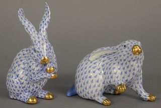 Two Herend porcelain rabbits, blue fishnet pattern, ht. 4" and 6".