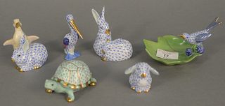 Six small Herend porcelain figures to include rabbits, birds and a turtle in blue and green fishnet, largest ht. 3 1/2".
