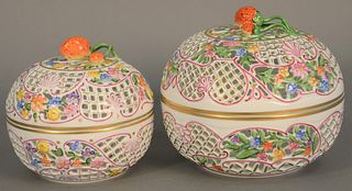 Two Herend baskets with lids and strawberry finial handle, ht. 5 1/2" and 6 1/2".
