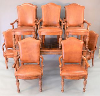Hickory eleven piece dining set to include ten leather armchairs and rectangular table with two leaves, chair height 30"; leaves 20" each; top of tabl