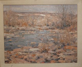 Terrance Hick (b. 1950), oil on board, landscape, entitled on verso "Deer Creek", dated on verso Feb. 92', signed lower right Hick, 11" x 14".