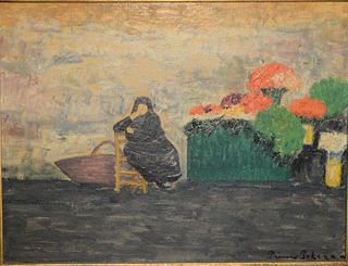 Primo Potenza (1909-1983), oil on board, lady in black dress near flowers, signed lower right Primo Potenza, in gilt frame, 10" x 12".