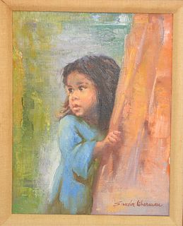 Sandu Liberman (1923-1977), oil on canvas, young girl in blue dress, signed lower right Sandu Liberman, in painted frame, 14" x 11".