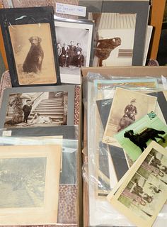 Two tray lots of dog ephemera photographs, tin types, CDV's, some with children along with Live Dog, 1931 calendar.