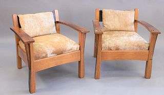 Whit Mcleod mission oak style armchairs with cow hide cushions, ht. 27", wd. 29"