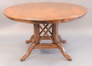 Lot of furniture to include round rustic table with two leaves, four rattan pieces, ht. 29", dia. 53" plus two 18" leaves, top open 89".