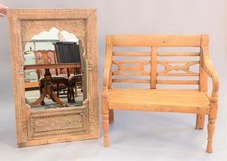 Two piece lot to include teak bench along with carved mirror, ht. 37", wd. 39".