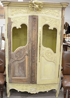 Louis XV oak armoire yellow paint and partially stripped, (now fitted with grill work in top panel), 18th century, ht. 87", wd. 50", dp. 23".