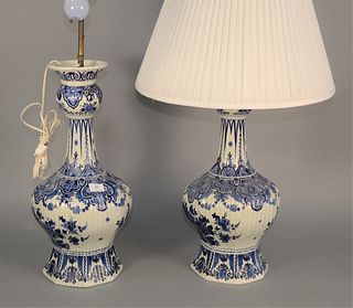 Pair of Delft blue and white urns made into table lamps, ht. 22", total ht. 33.5".