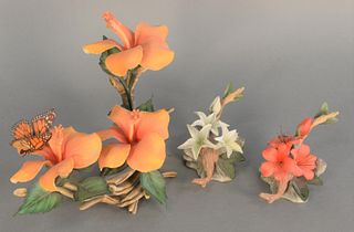 Three Boehm porcelain sculptures to include "Kama Pua Hibiscus" with monarch butterfly (butterfly off but available) #63; "Pink Azalea" #F364; and "Sw