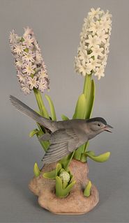 Boehm "Catbird" with hyacinths porcelain sculpture, ht. 15.5".