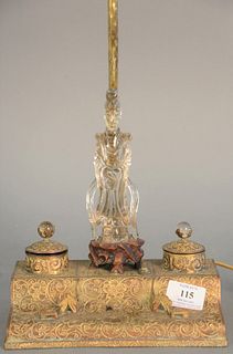 Chinese rock crystal figure on brass inkwell base, ht. 19 1/2 