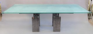 Glass top dining table with frosted center on iron base, ht. 29", top 44" x 96"