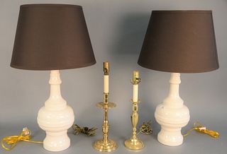 Four table lamps to include pair of white glazed ceramic lamps with Oscar de la Renta shades, total ht. 31" along with two brass Baldwin candlestick l
