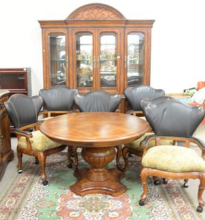 Hickory White nine piece dining set with six armchairs, leather and cloth; round table with one leaf; breakfront, ht. 93", along with sideboard, ht. 4