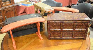 Five piece group to include pair of red lacquer stands, basket, lift top box along with a painted tiger, ht. 14". Estate of Marilyn Ware, Strasburg, P