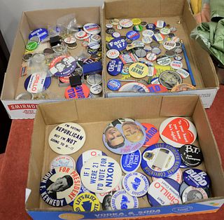 Three tray lots of presidential buttons to include Kennedy, Nixon, Willkie, Ford, Reagan and Bush. Estate of Marilyn Ware, Strasburg, PA.