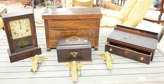 Four piece group to include small three drawer mahogany inlaid chest, mahogany lap desk with cylinder roll top along with tea box and mantle clock, ht
