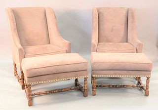 Pair Continental style upholstered wing chair and matching ottoman, ht. 45", wd. 31".