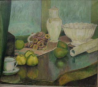 Demanet oil on canvas, still life of fruit on a table, signed lower right J. Demanet, 28" x 32".