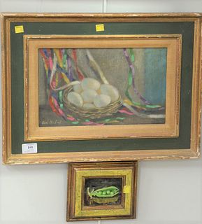 Three piece lot to include Carl Malouf (1916 - 1947) oil on board, still life with eggs and ribbons, signed lower left 'Carl Malouf', in painted gilt 