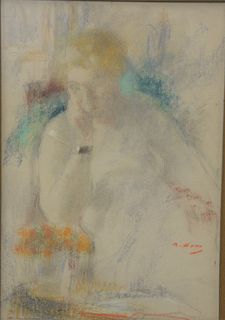 Pastel, lady resting head in arm near flowers, signed lower right illegibly, in gilt frame, sight size 14" x 10".