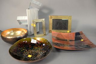Six piece group to include Michael Aram (b. 1963) copper bowl; square platter signed 'Gunnet, 92'; aluminum sculpture signed 'G. Marus, 2/27, 2007', h