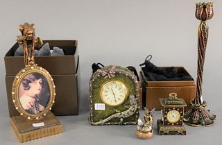 Five piece group of Jay Strongwater pieces with original boxes to include Lieard enameled and jeweled clock, candlestick, small clock, cherub box with